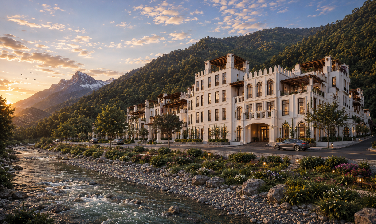 Riverfront architectural visualization of Serene Mall