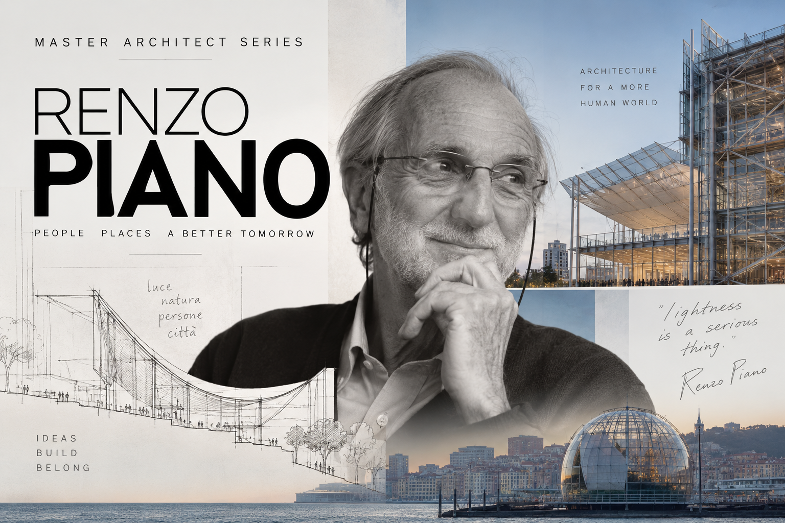 Architectural watercolor illustration exploring lightweight structure, transparency and natural light, inspired by the architectural philosophy of Renzo Piano.